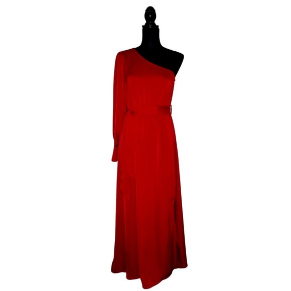 WOMEN'S SATIN ELEGANT OCCASION CHERRY RED MAXI DRESS ASYMMETRICAL - Picture 1 of 11